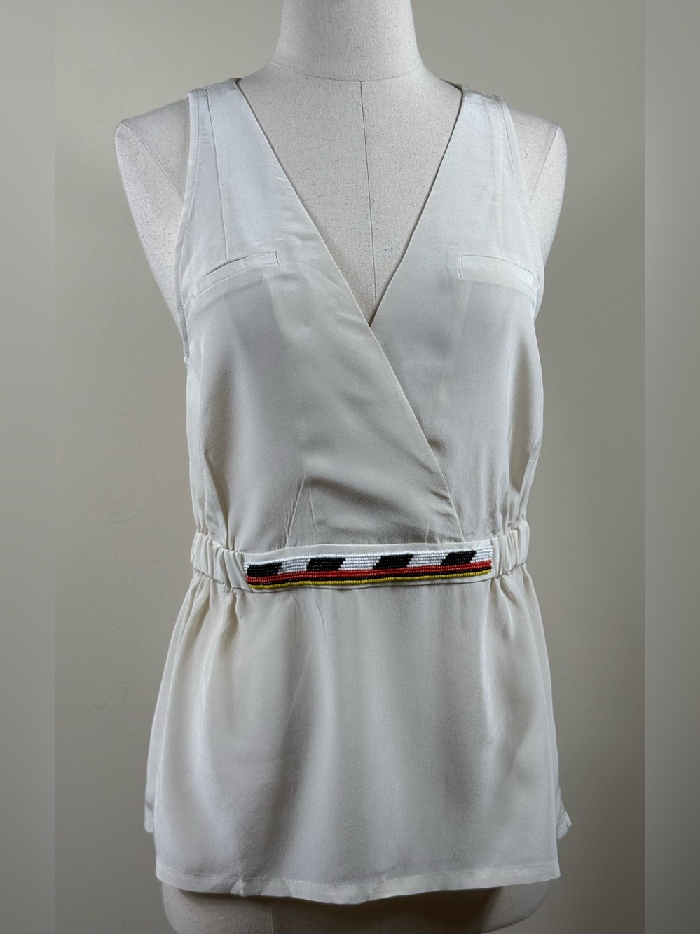Vena Cava Cream Sleeveless V-Neck Silk Camisole with Beaded Waistband Sz 4